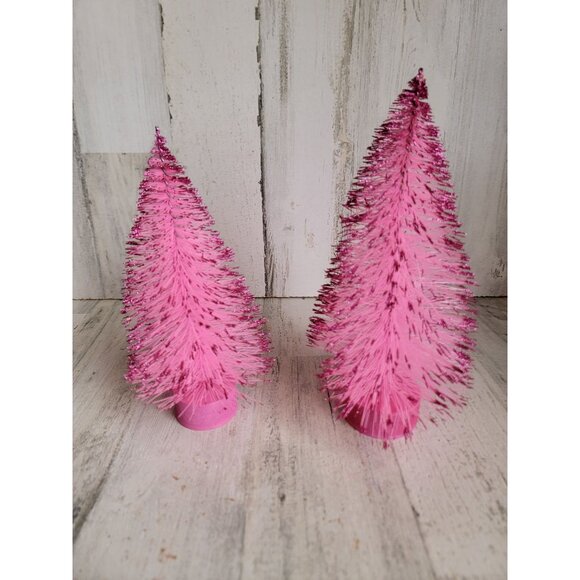 Pink snow frosted bristle brush tree set Xmas Decor figure - Picture 1 of 5
